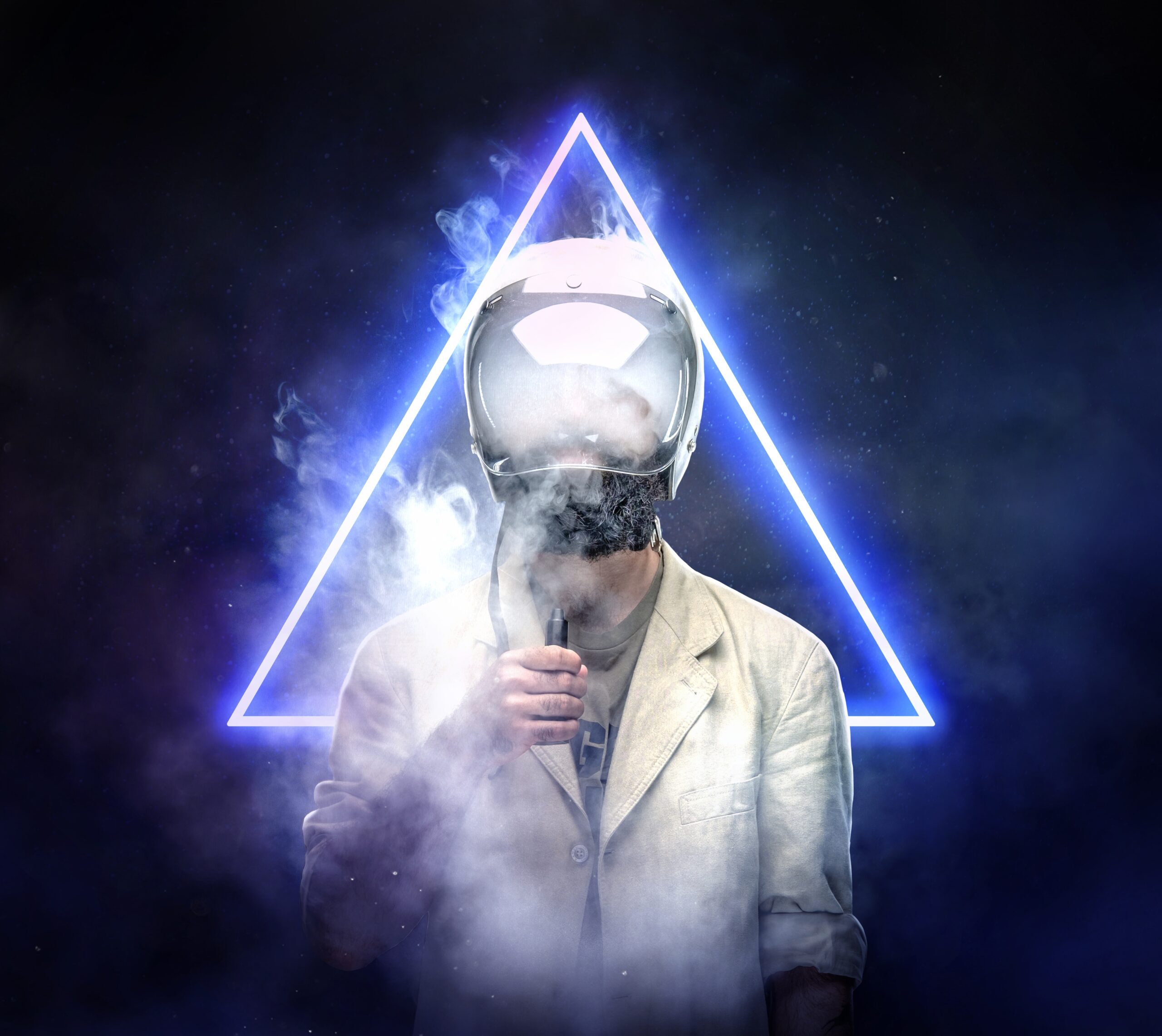Male in astronaut space helmet smoking electronic cigarette. Male in astronaut space helmet smoking electronic cigarette over blue neon hipster triangle background.